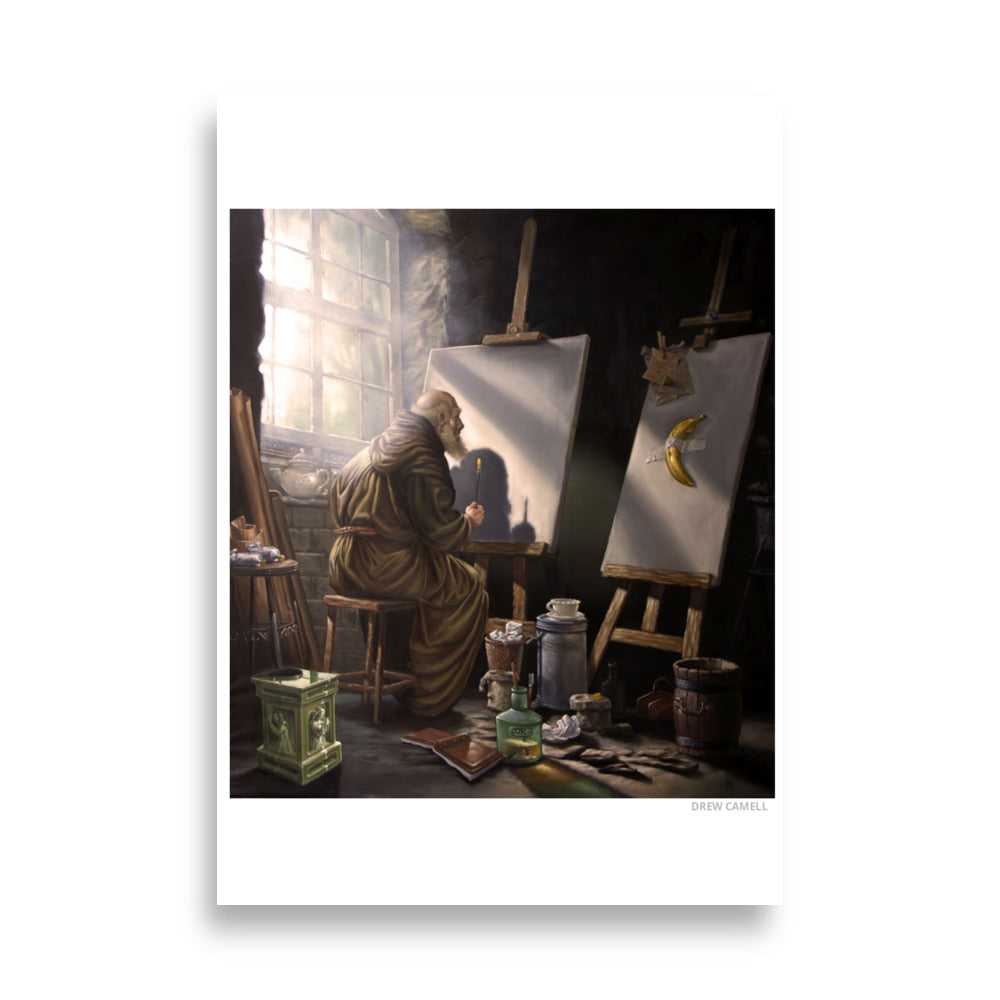 Ein zeitloses Gemälde im Stil der Alten meister von Drew Camell zeigt eine wunderschöne Szenerie in einem atelier mit der Ironie der berühmten Banane von Maurizio Cattelan. Renaissance Stil, contemporary Art.