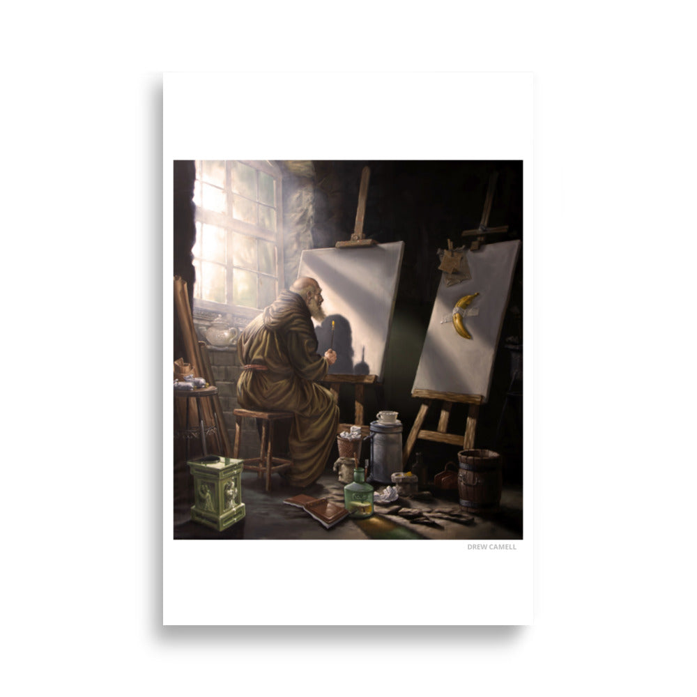 Ein zeitloses Gemälde im Stil der Alten meister von Drew Camell zeigt eine wunderschöne Szenerie in einem atelier mit der Ironie der berühmten Banane von Maurizio Cattelan. Renaissance Stil, contemporary Art.