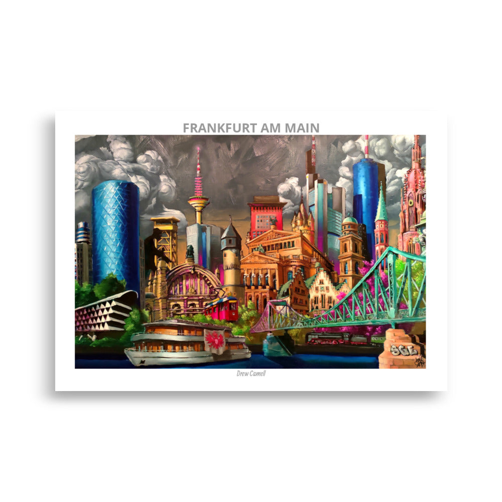 knall buntes pop art Kunstwerk der Frankfurter Skyline. moderne und verrückte Stadtansicht vom Künstler Drew Camell