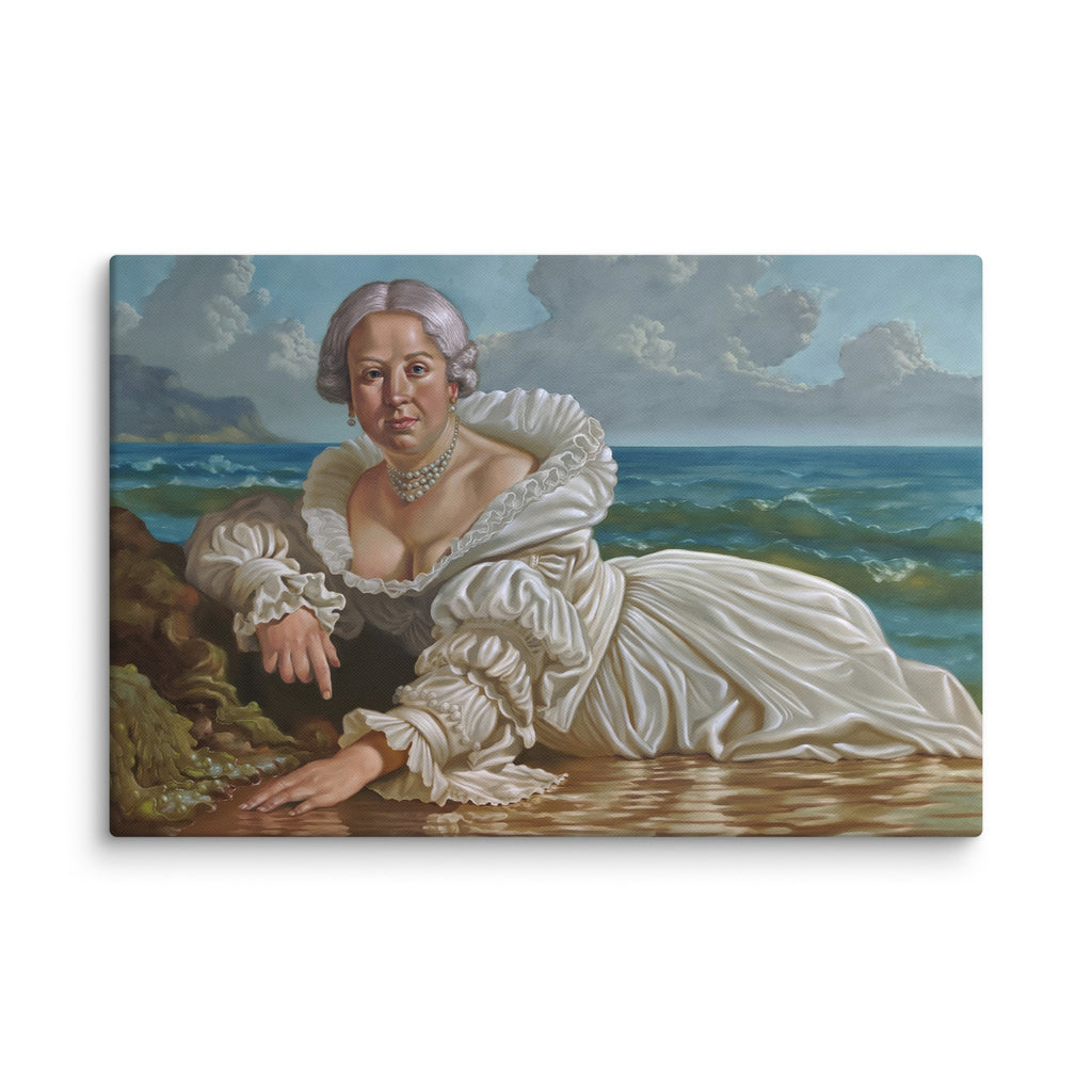 Kunstdruck von Drew Camell zeigt eine Frau , welche im Seidengewand am Strand liegt. Modernes , zeitloses Barockgemälde 