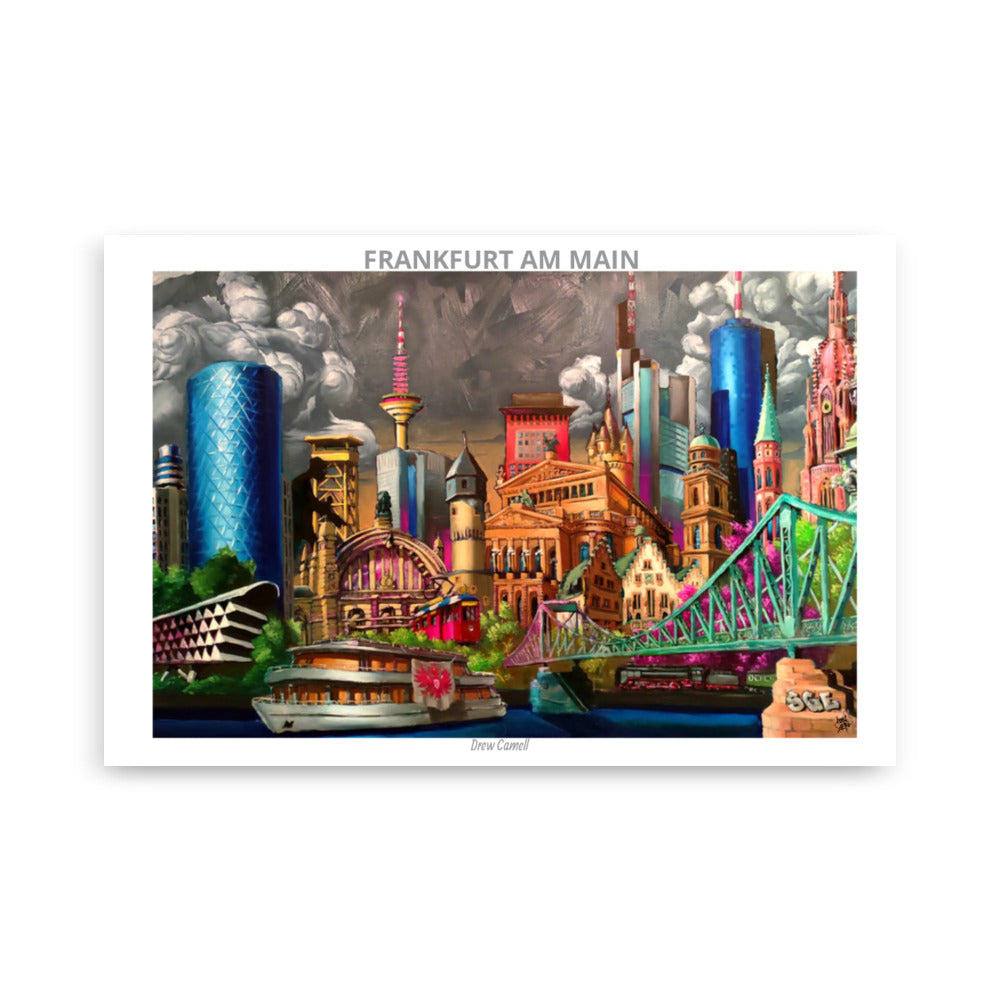 knall buntes pop art Kunstwerk der Frankfurter Skyline. moderne und verrückte Stadtansicht vom Künstler Drew Camell