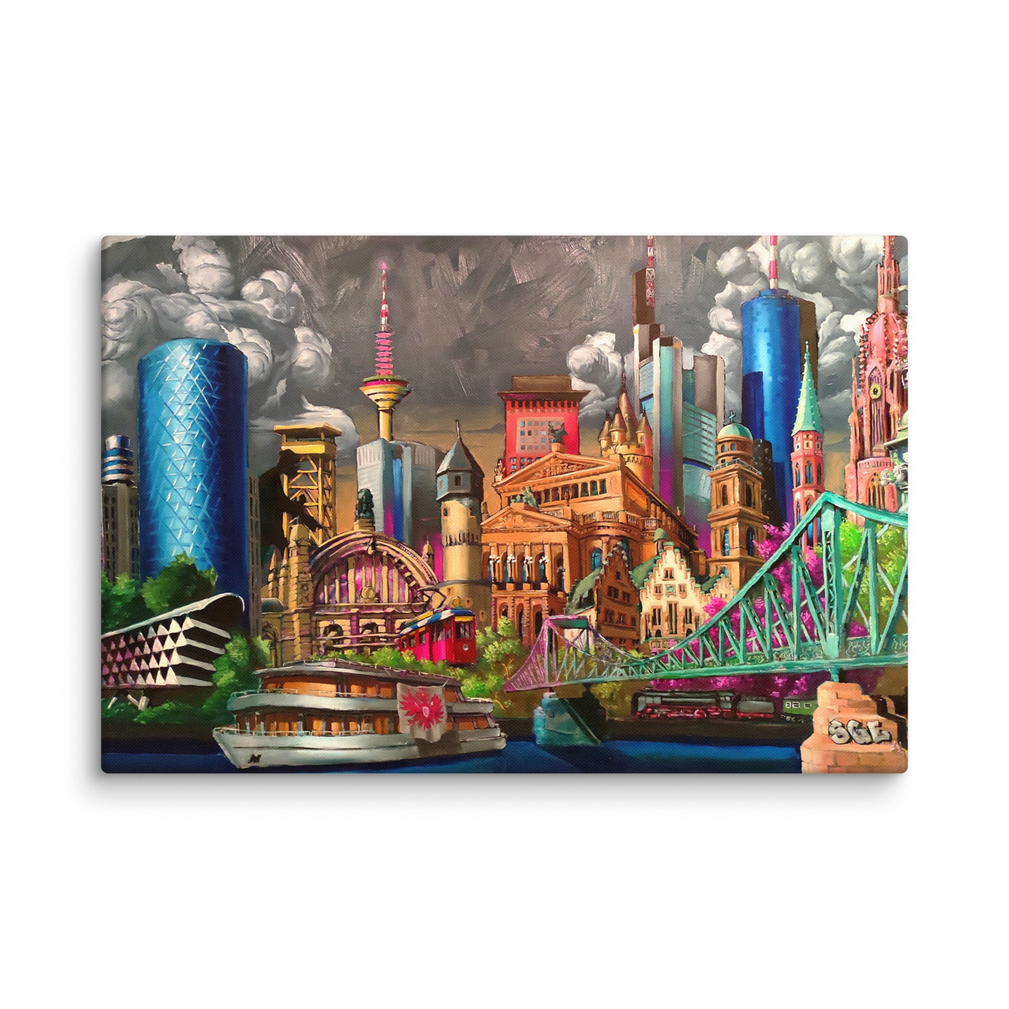 Frankfurter Skyline Gemälde als Kunstdruck auf Leinwand - Atelier Drew Camell