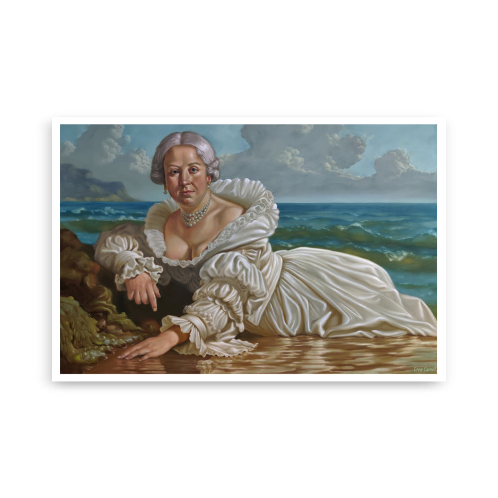 Kunstdruck von Drew Camell zeigt eine schöne Frau , welche im Seidengewand am Strand liegt. Modernes , zeitloses Barockgemälde. Mature Woman