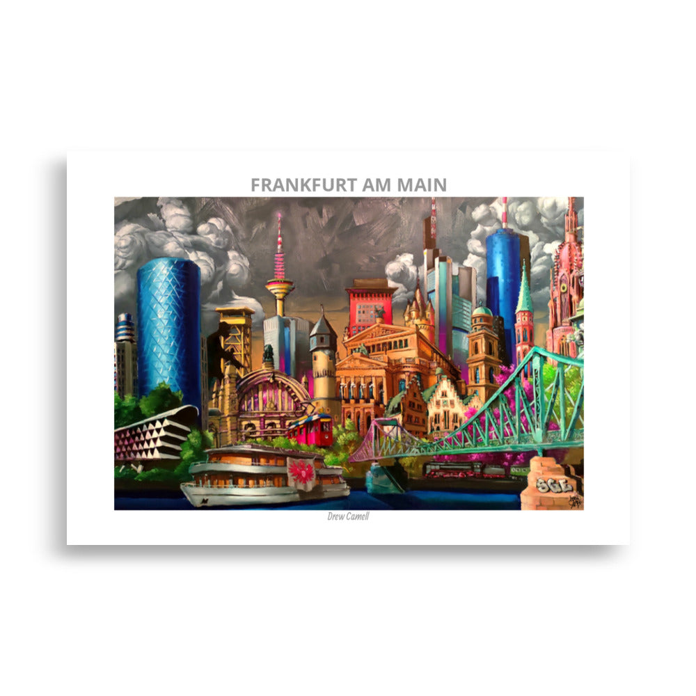knall buntes popart Kunstwerk der Frankfurter Skyline. moderne und verrückte Stadtansicht vom Künstler Drew Camell