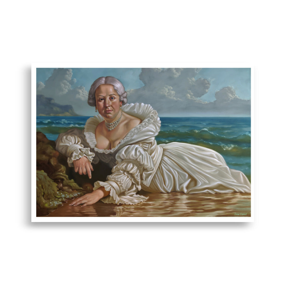 Kunstdruck von Drew Camell zeigt eine schöne Frau , welche im Seidengewand am Strand liegt. Modernes , zeitloses Barockgemälde. Mature Woman