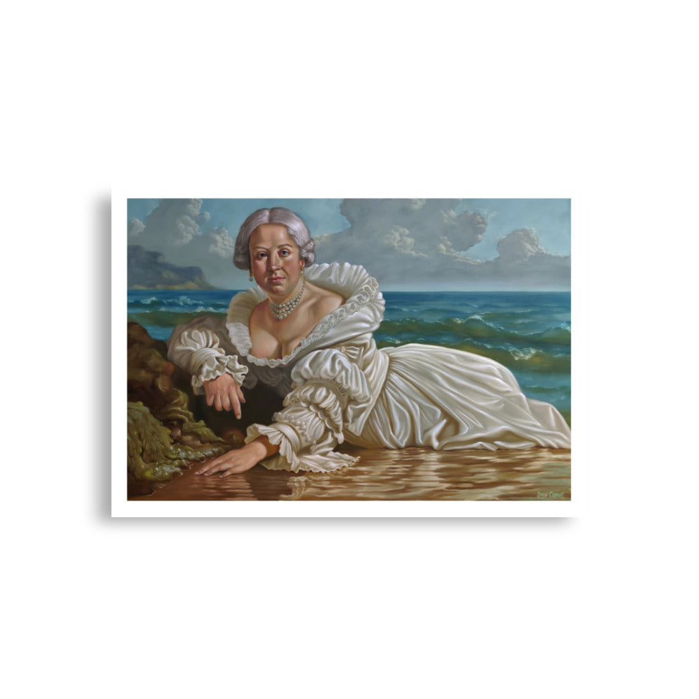 Kunstdruck von Drew Camell zeigt eine schöne Frau , welche im Seidengewand am Strand liegt. Modernes , zeitloses Barockgemälde. Mature Woman