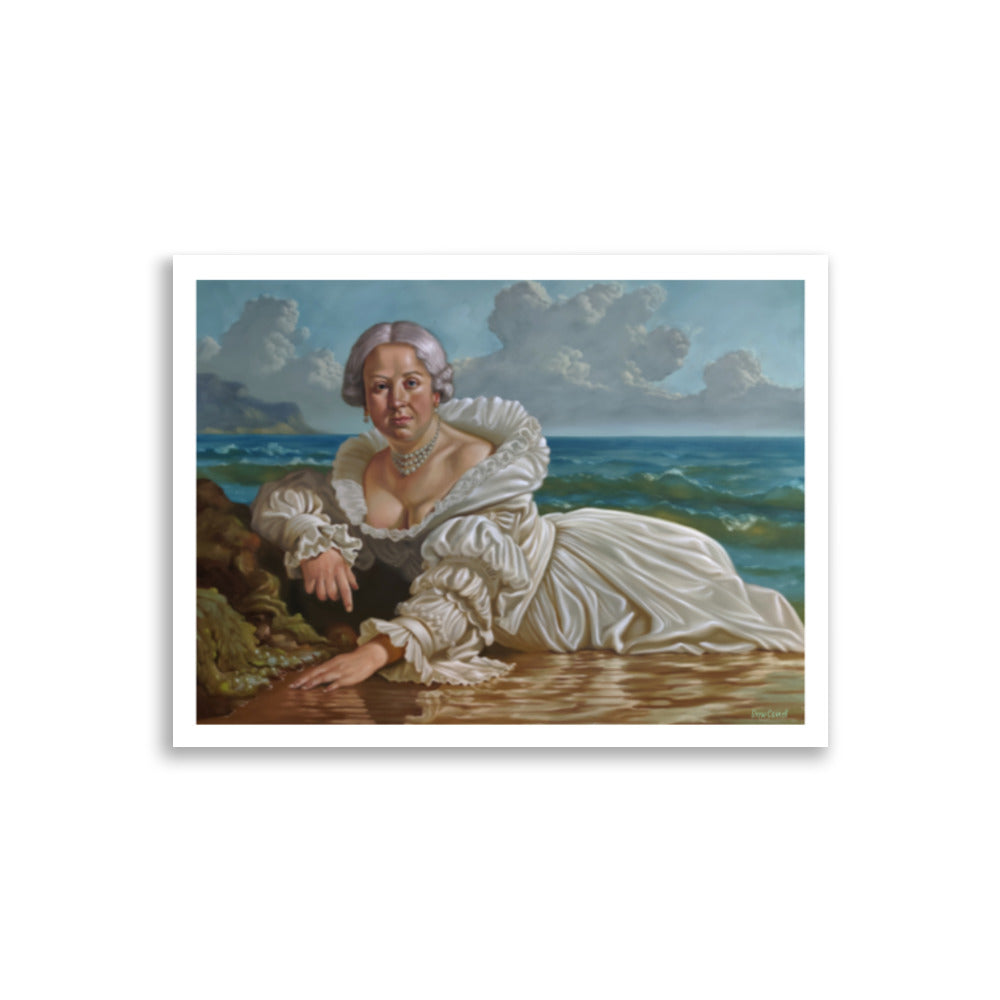 Kunstdruck von Drew Camell zeigt eine schöne Frau , welche im Seidengewand am Strand liegt. Modernes , zeitloses Barockgemälde. Mature Woman